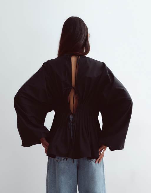 ARRANGE volume sleeve pleated cinched waist top in black, 3 of 4