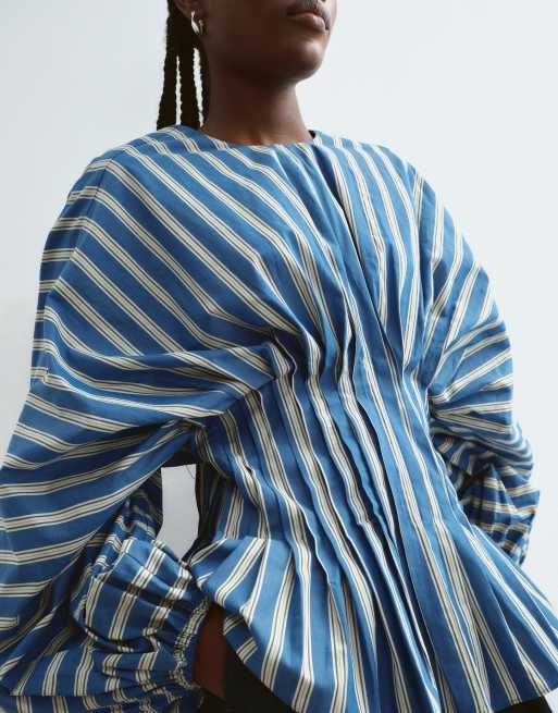 ARRANGE volume sleeve pleated cinched waist top in blue stripe, 2 of 5