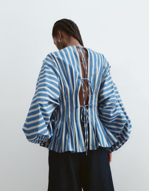 ARRANGE volume sleeve pleated cinched waist top in blue stripe, 3 of 5