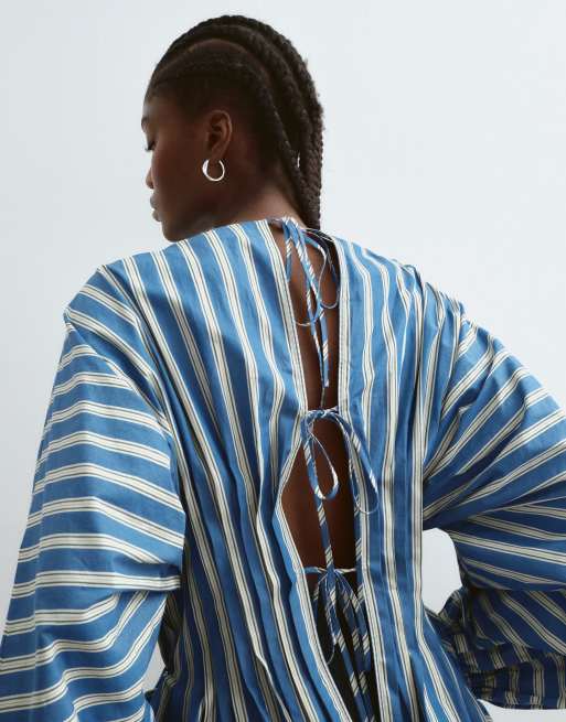 ARRANGE volume sleeve pleated cinched waist top in blue stripe, 4 of 5
