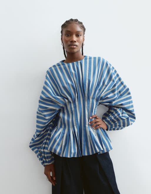 ARRANGE volume sleeve pleated cinched waist top in blue stripe, 5 of 5