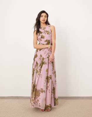 ARRANGE - Voluminöses Chiffon-Maxikleid in Flieder mit hellgrünem Muster, gerafftem Einsatz und tiefer Taille-Bunt