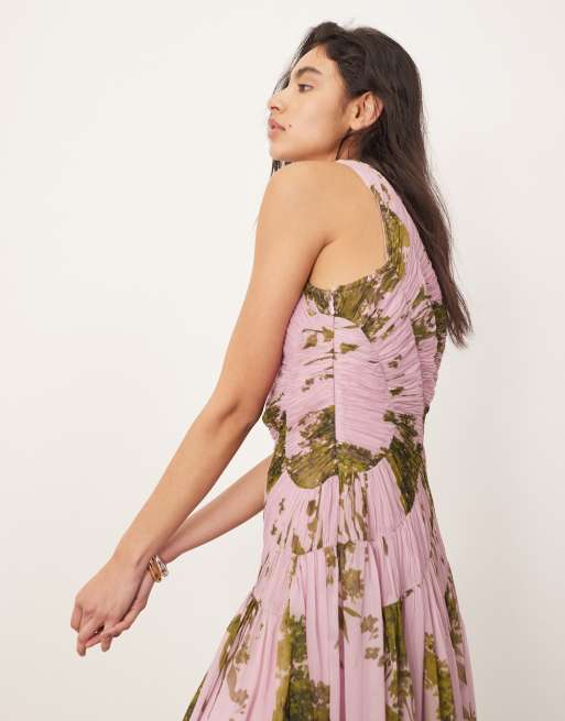 ARRANGE - Voluminøs maxikjole med sænket talje, rynkede paneler og lyslilla og grønt print i chiffon, 3 af 4