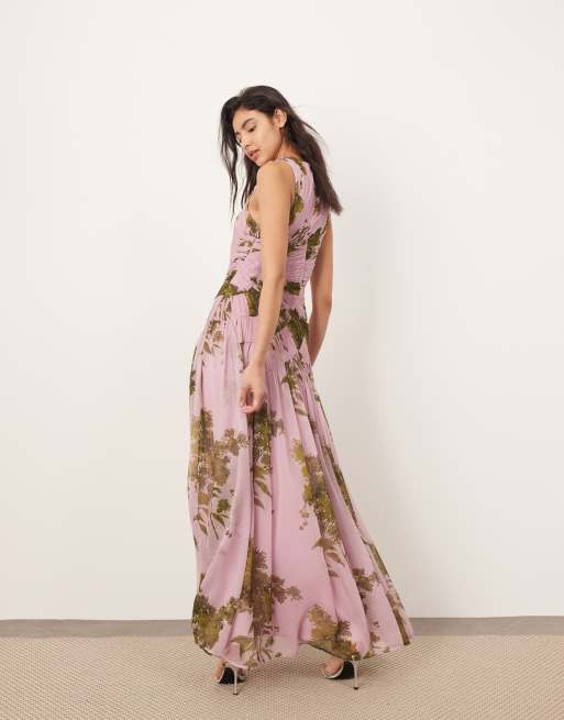 ARRANGE - Voluminøs maxikjole med sænket talje, rynkede paneler og lyslilla og grønt print i chiffon, 4 af 4