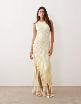 Arrange Wave Linear Faux Pearl Droplet Fringed Hem Maxi Dress In Yellow