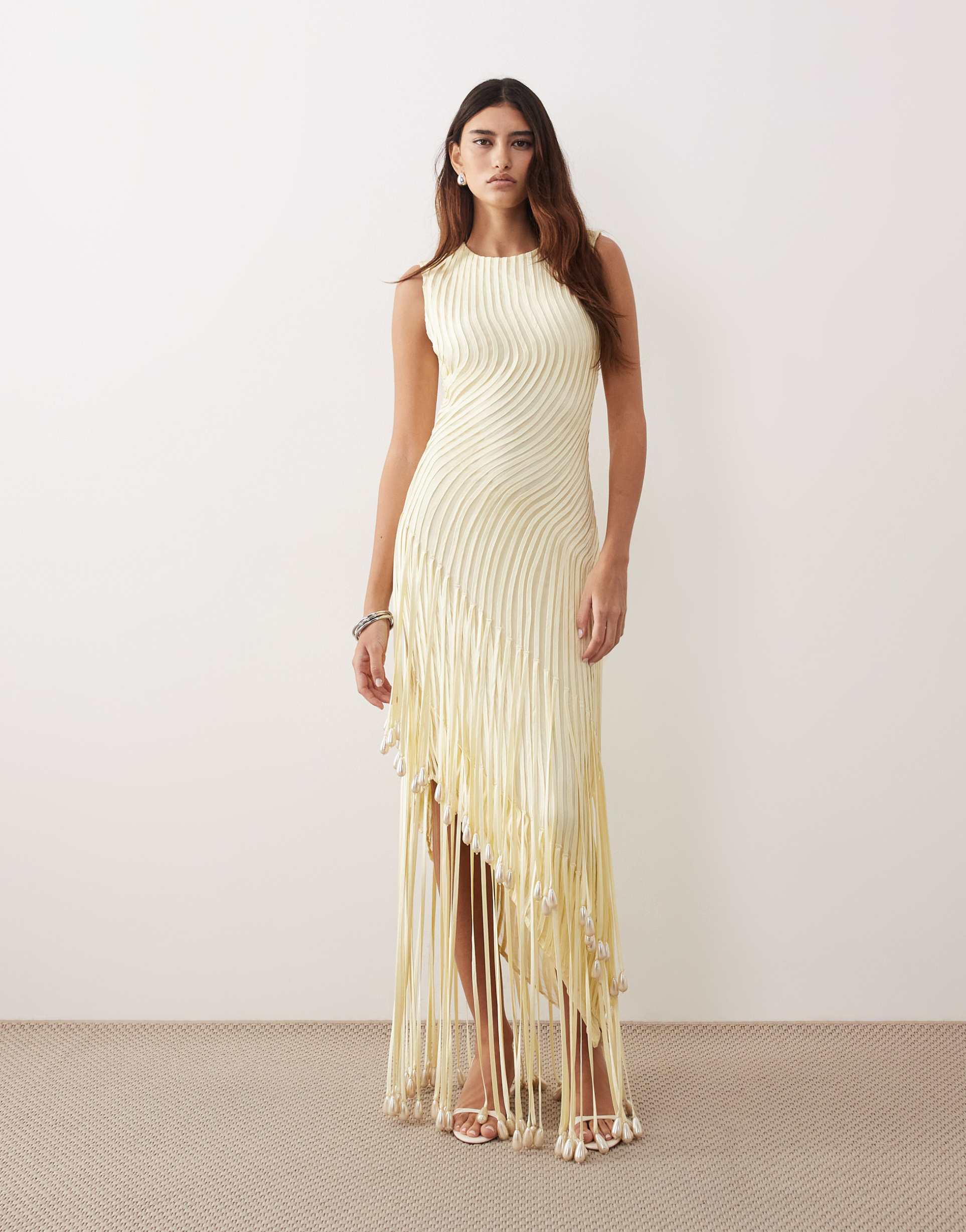 arrange wave linear faux pearl droplet fringed hem maxi dress in butter yellow