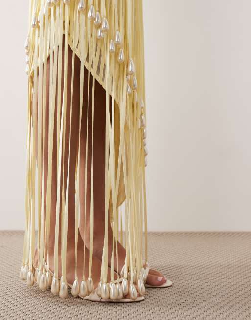 ARRANGE wave linear pearl droplet fringe hem maxi dress in butter yellow, 3 of 4