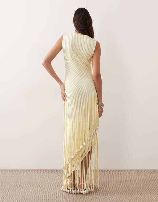 ARRANGE wave linear pearl droplet fringe hem maxi dress in butter yellow, 4 of 4