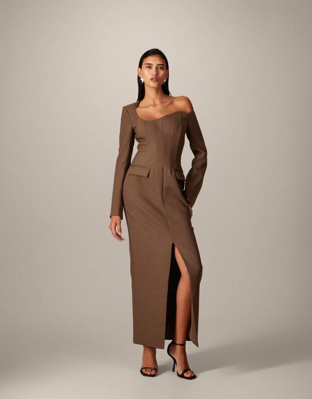 ARRANGE wave neckline asymmetric structured midi dress in brown