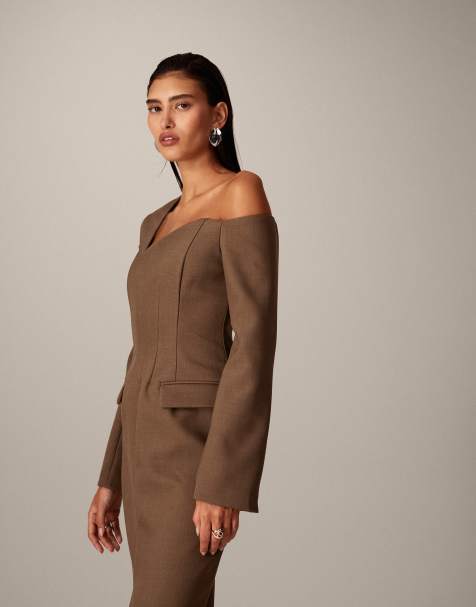 ARRANGE wave neckline asymmetric structured midi dress in brown - view 1