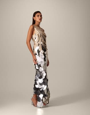 ARRANGE ARRANGE wavey linear embellished high neck square hem maxi dress-Gold