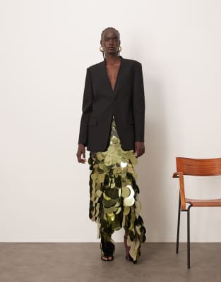 ARRANGE ARRANGE wavey linear embellished square hem maxi skirt-Gold