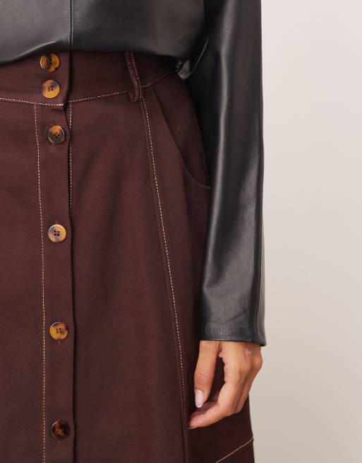 ARRANGE – Weiter Midirock in Burgunderrot aus schwerem Twill mit Kontrastnähten, 4 von 5