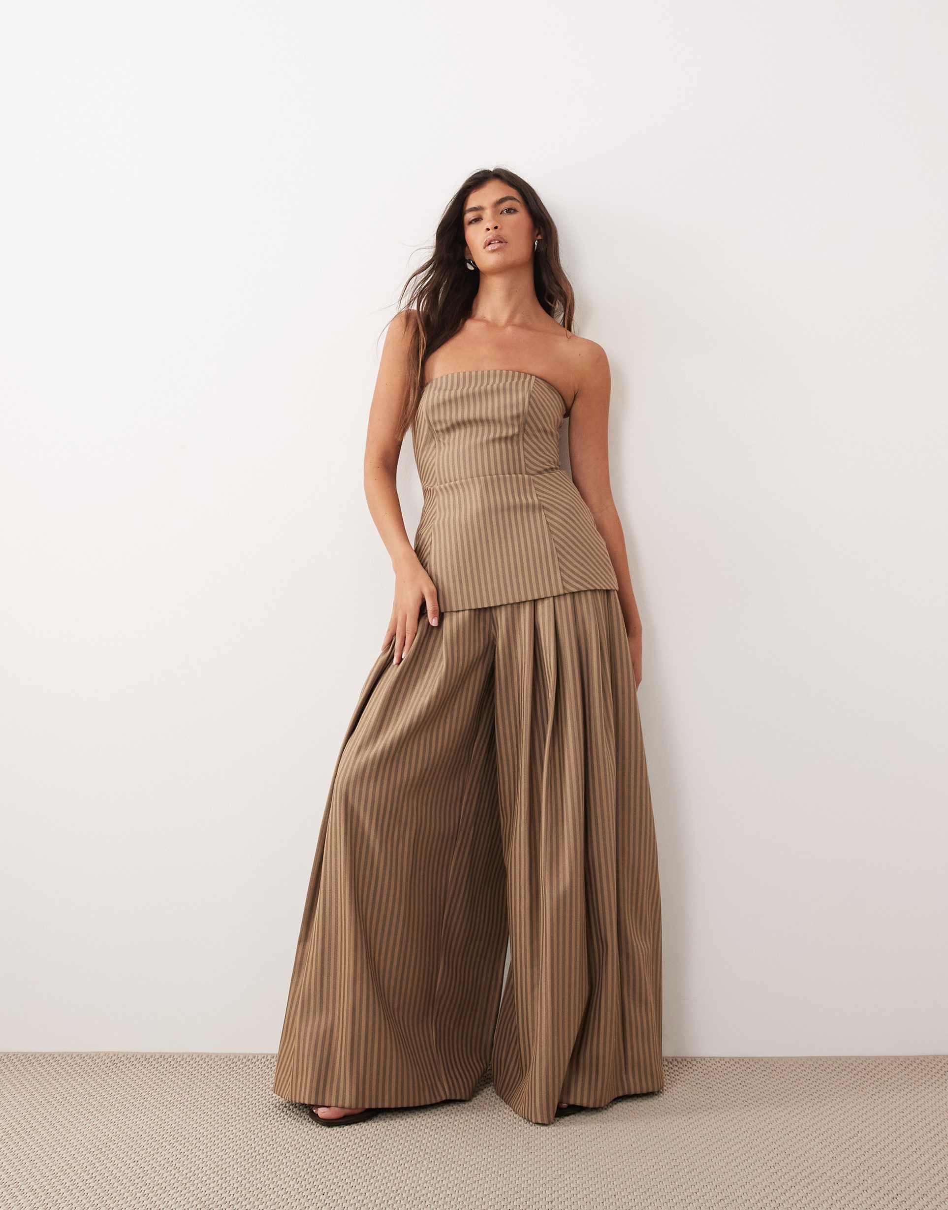 arrange wide leg pants in chocolate stripes - part of a set