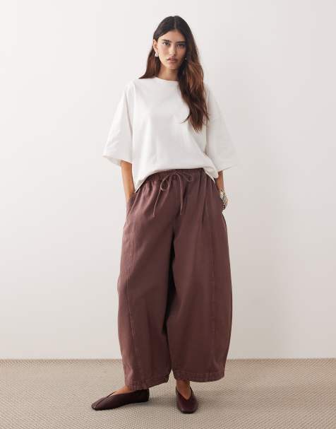 ARRANGE Willa elasticated waist drawstring trousers in washed chocolate - BROWN - view 1