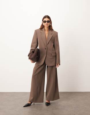 ARRANGE - Wollhose in Schokobraun mit Bundfalten und weitem Bein, Kombiteil-Brown