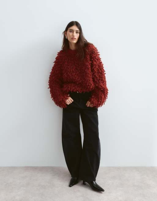 ARRANGE wool blend hand knit ultimate loop fringe jumper in burgundy, 2 of 4
