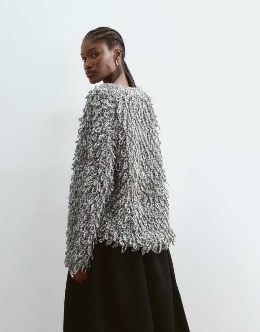 ARRANGE wool blend hand knit ultimate loop fringe jumper in grey, 3 of 5