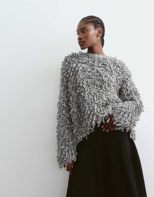 ARRANGE wool blend hand knit ultimate loop fringe jumper in grey, 5 of 5