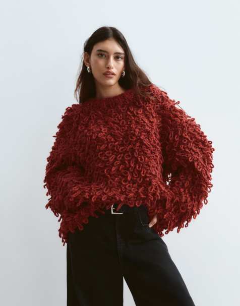 ARRANGE wool blend hand knit ultimate loop fringe sweater in burgundy - view 1