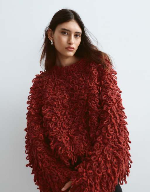 ARRANGE wool blend hand knit ultimate loop fringe sweater in burgundy, 3 of 4