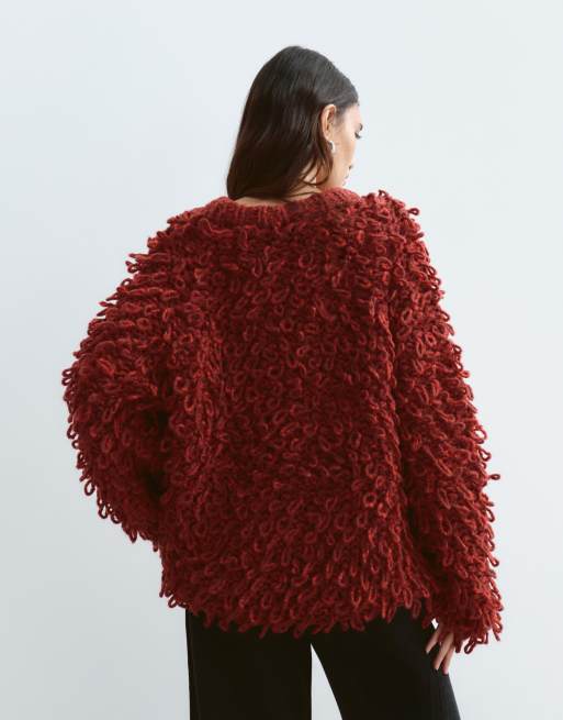 ARRANGE wool blend hand knit ultimate loop fringe sweater in burgundy, 4 of 4
