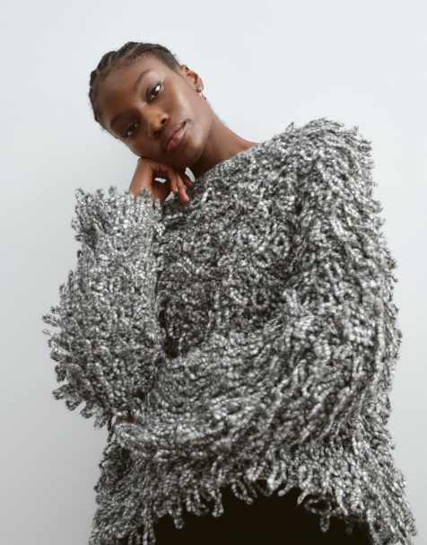 ARRANGE wool blend hand knit ultimate loop fringe sweater in gray - view 1