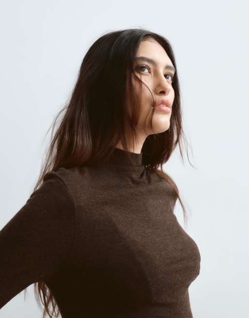 ARRANGE wool blend high neck ruched top in chocolate, 2 of 4