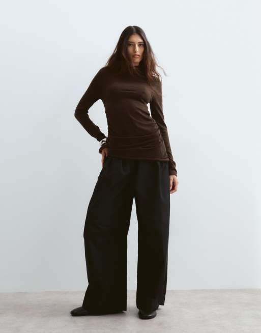 ARRANGE wool blend high neck ruched top in chocolate, 4 of 4