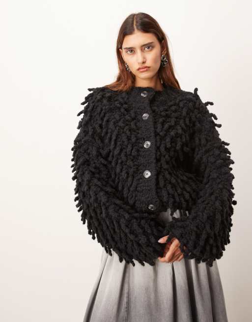 ARRANGE wool hand knit ultimate loop fringe cardigan in black - BLACK
