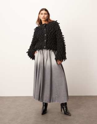 Arrange Curve Wool Hand Knit Ultimate Loop Fringe Cardigan In Black