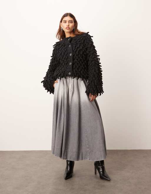ARRANGE wool hand knit ultimate loop fringe cardigan in black