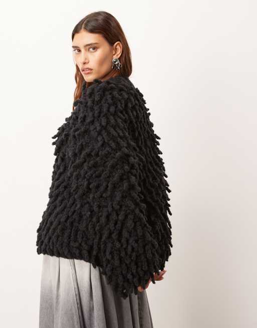 ARRANGE wool hand knit ultimate loop fringe cardigan in black