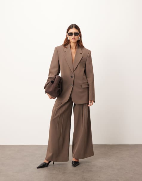 ARRANGE wool look pleated wide leg pants in chocolate (part of a set) - view 1