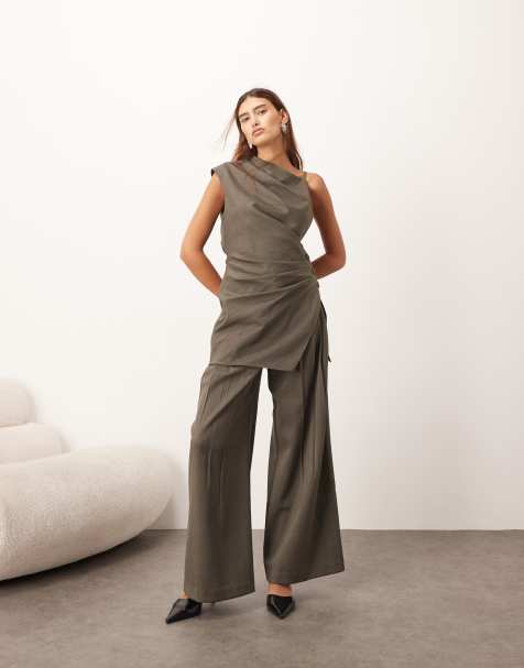 ARRANGE wool look pleated wide leg pants in dark khaki green - part of a set - view 1