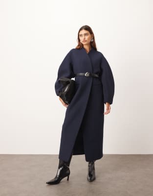 ARRANGE ARRANGE wool mix cinched waist ovoid sleeve coat in navy