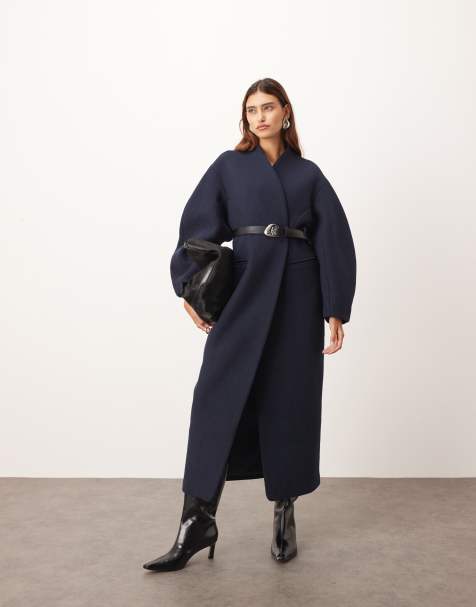ARRANGE wool mix cinched waist ovoid sleeve coat in navy - view 1