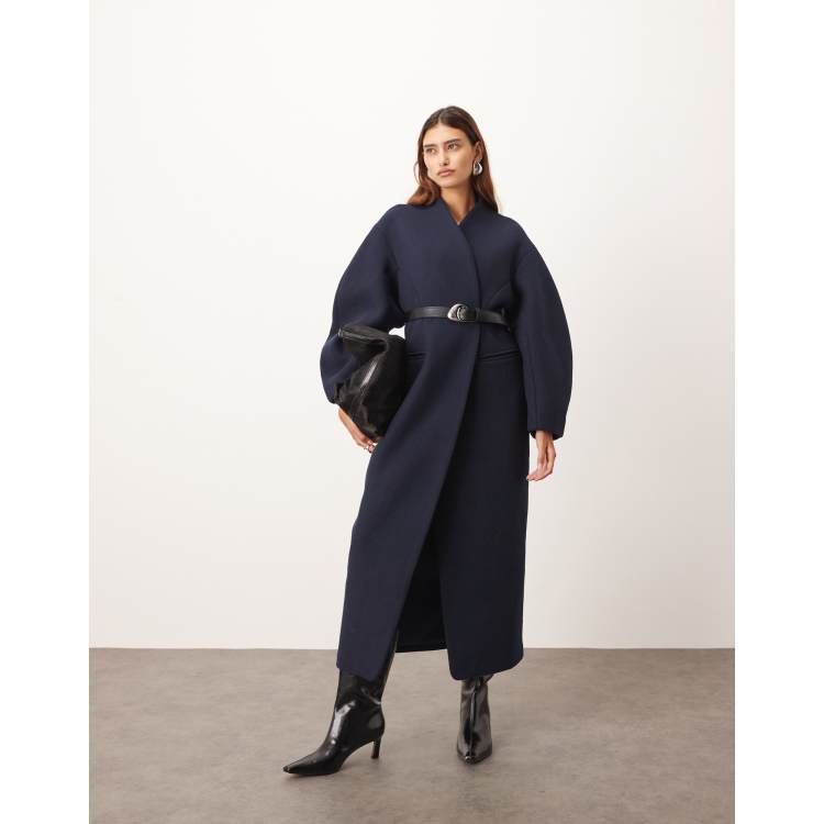 ARRANGE wool mix cinched waist ovoid sleeves coat in navy | ASOS