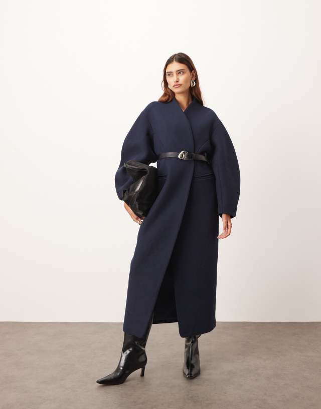 ARRANGE wool mix cinched waist ovoid sleeves coat in navy | ASOS