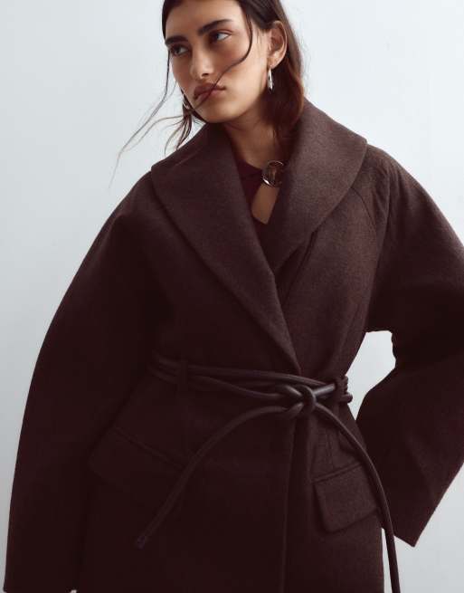 ARRANGE wool mix longline coat with belt in chocolate, 2 of 4