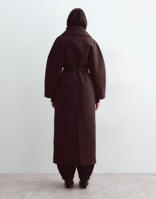 ARRANGE wool mix longline coat with belt in chocolate, 3 of 4
