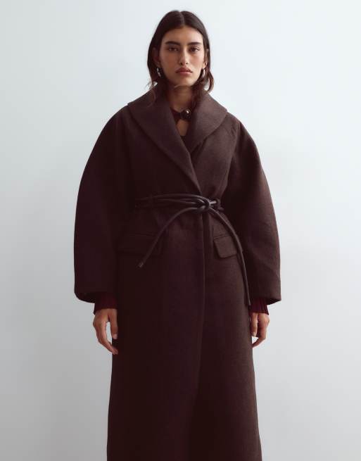 ARRANGE wool mix longline coat with belt in chocolate, 4 of 4