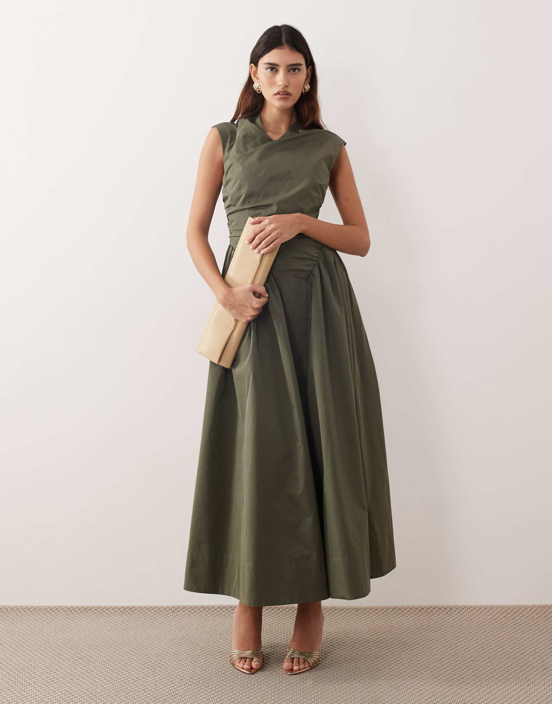 arrange wrap dropped waist maxi dress in dark khaki green