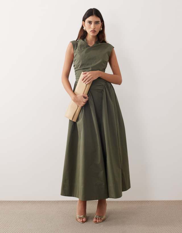 ARRANGE wrap dropped waist maxi dress in dark khaki green