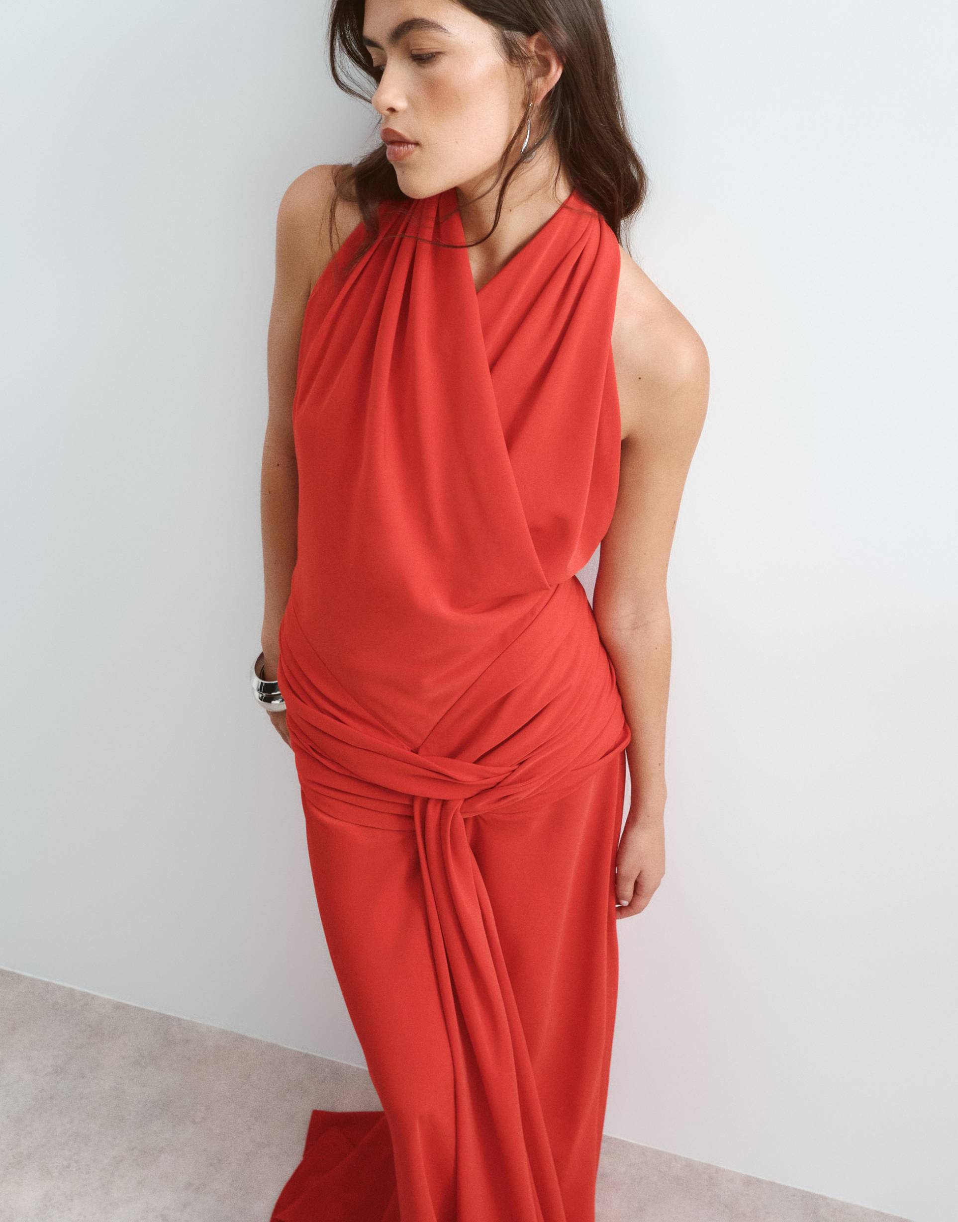 arrange wrap halter maxi dress with draped waist detail in red