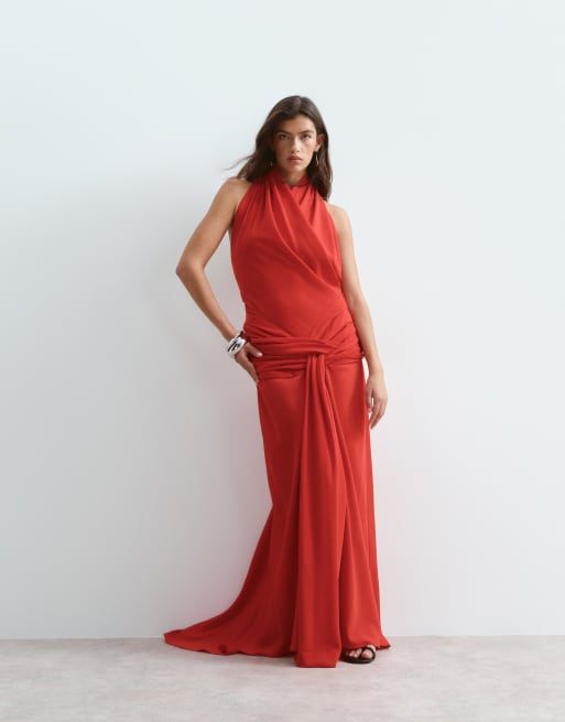 ARRANGE wrap halter maxi dress with draped waist detail in red, 2 of 4