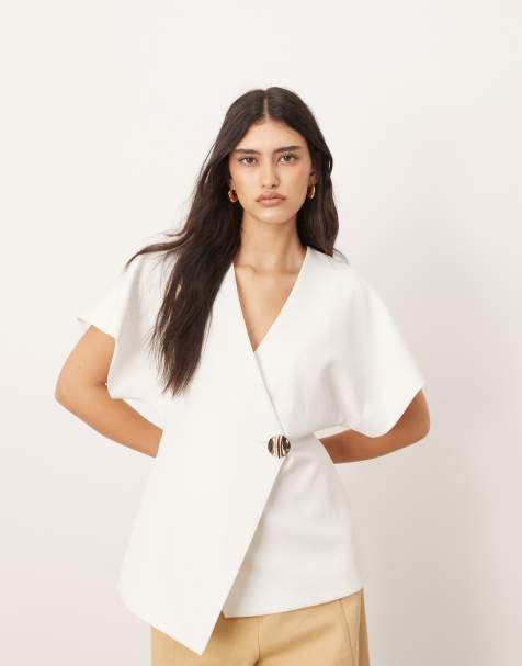 ARRANGE wrap top with gold trim detail in ivory - view 1