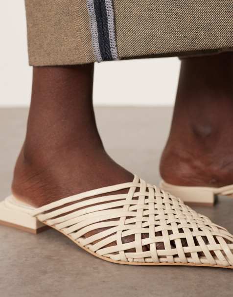 ARRANGE Zadie premium suede woven flat mules in off white - view 1