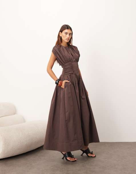 ARRANGE gathered cinched full skirt maxi dress in chocolate