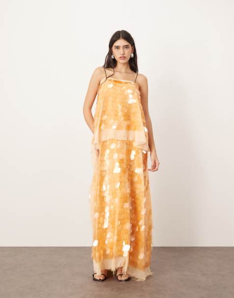ARRANGE embellished shard sequin layered cami maxi dress in peach